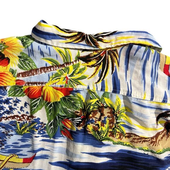Avanti Button 100% Silk Aloha Hawaii Islands Landscape Shirt Floral Print Sz L - Picture 12 of 16